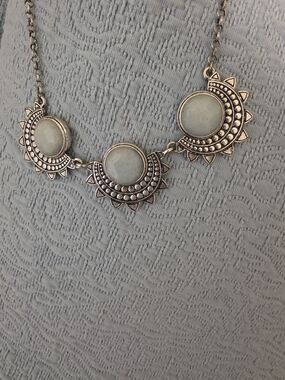 Boho Silver-Tone Triple Sunstone Necklace with Pale Aqua Cabochons